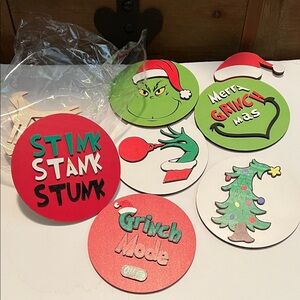 Grinch-Themed Holiday Ornament/sign Set - Red, Green, White